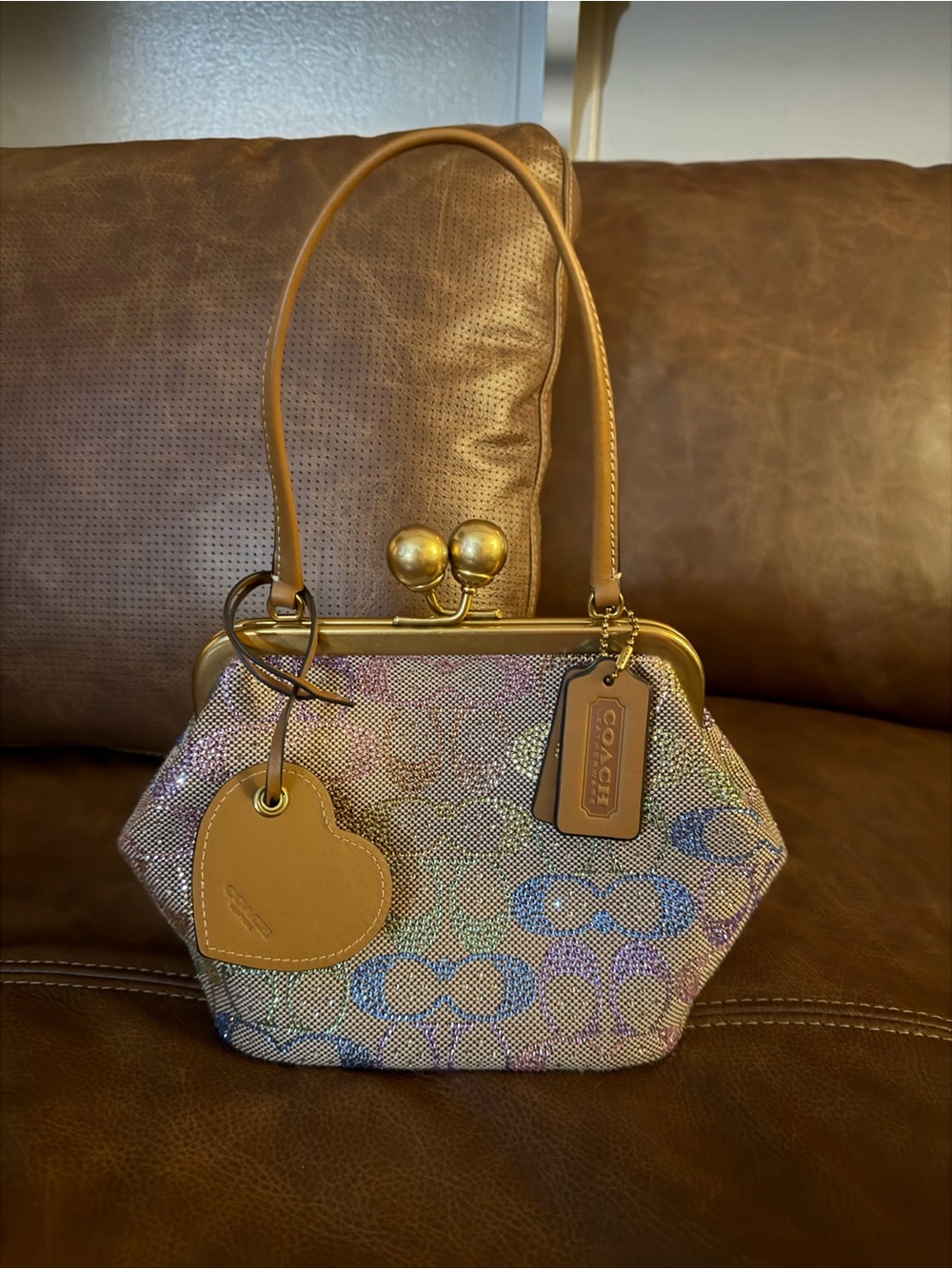 Coach Multicolor Signature Hexagon Mini Bag with Tan Leather Trim